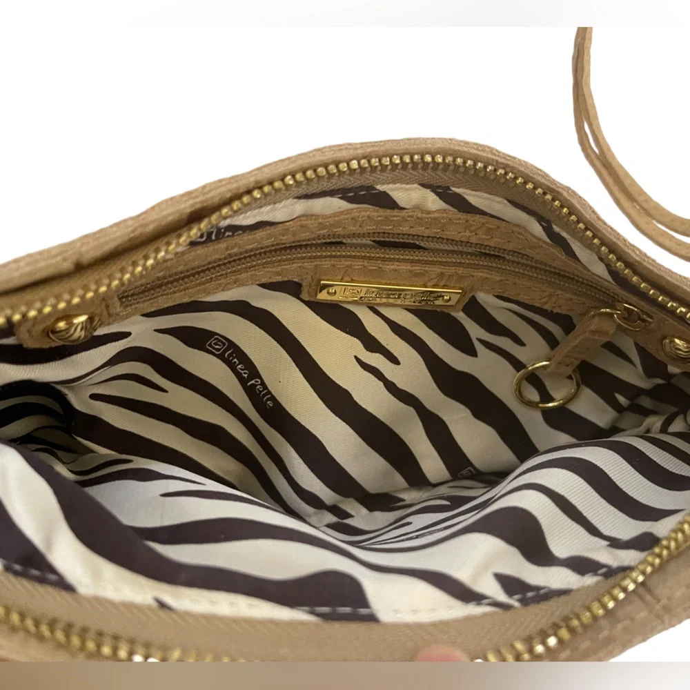 Linea Pelle Designer Clutch Tan Suede Leather Animal Print Gold Studs Lined